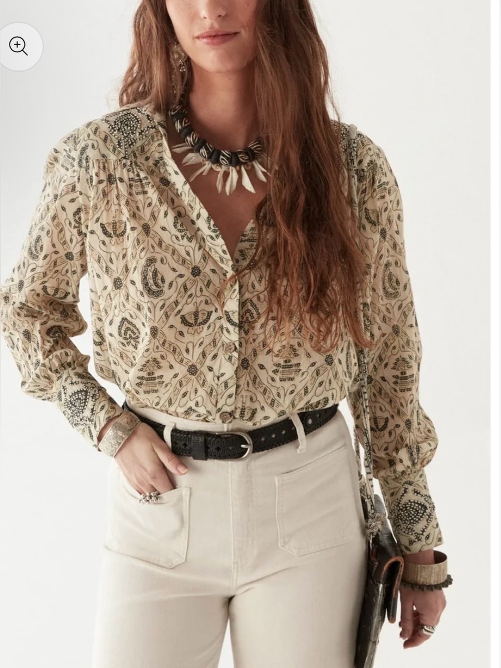 Maison Hotel Anne Paisley Cream Blue Button Down  Long Sleeve Blouse size XL NWT